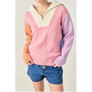 English Factory Colorblock Half Zip Pullover Shawl Collar Sweater I L